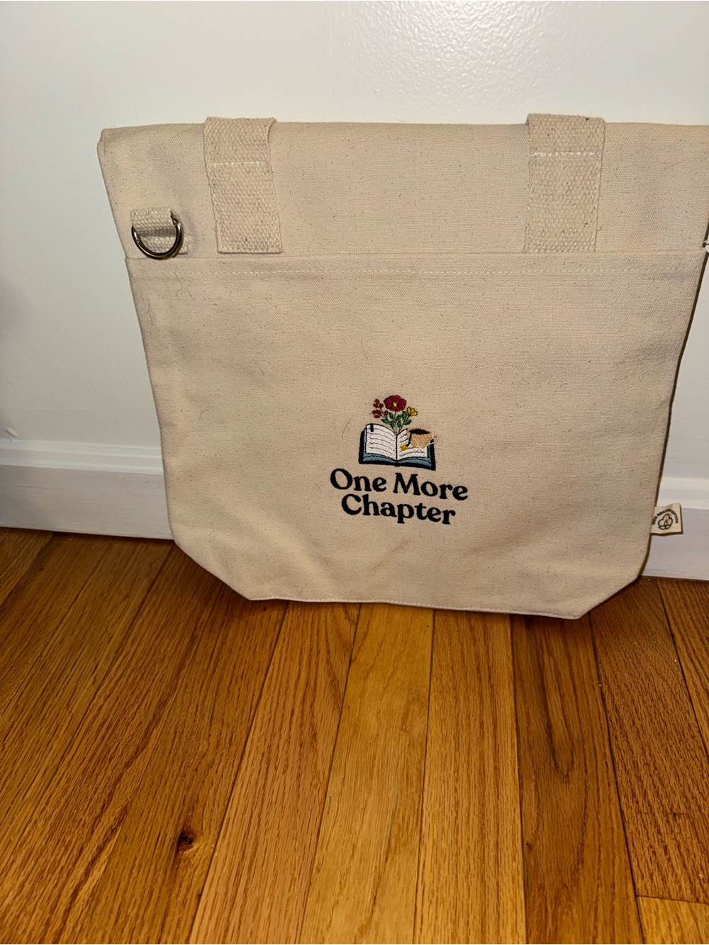 One More Chapter Natural Canvas Tote Bag with Embroidered Book Design